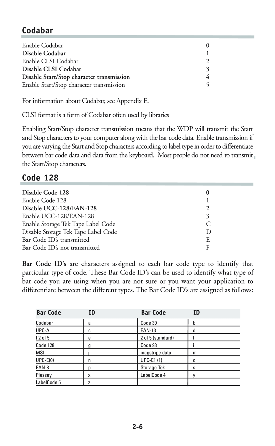 Worth Data P11/12 user manual Code, For information about Codabar, see Appendix E 