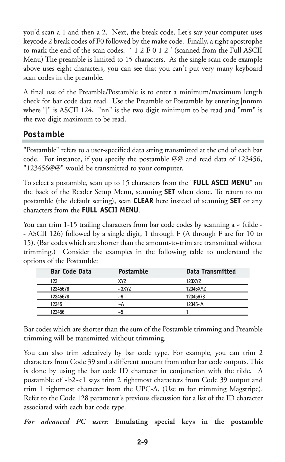 Worth Data P11/12 user manual Postamble, For advanced PC users Emulating special keys in the postamble 