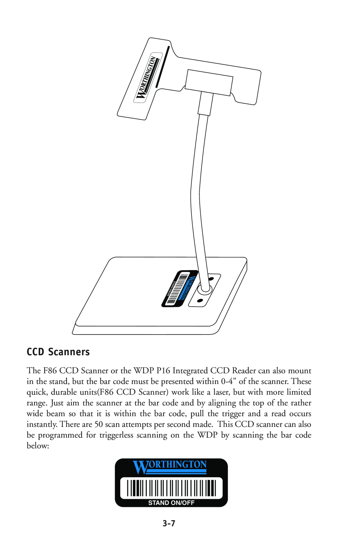 Worth Data P11/12 user manual CCD Scanners, Stand On/Off 