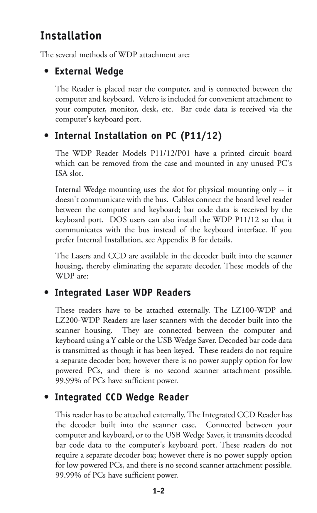 Worth Data user manual External Wedge, Internal Installation on PC P11/12, Integrated Laser WDP Readers 