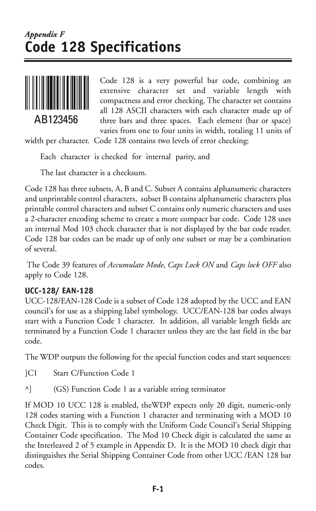 Worth Data P11/12 user manual Code 128 Specifications, Appendix F, UCC-128/ EAN-128 