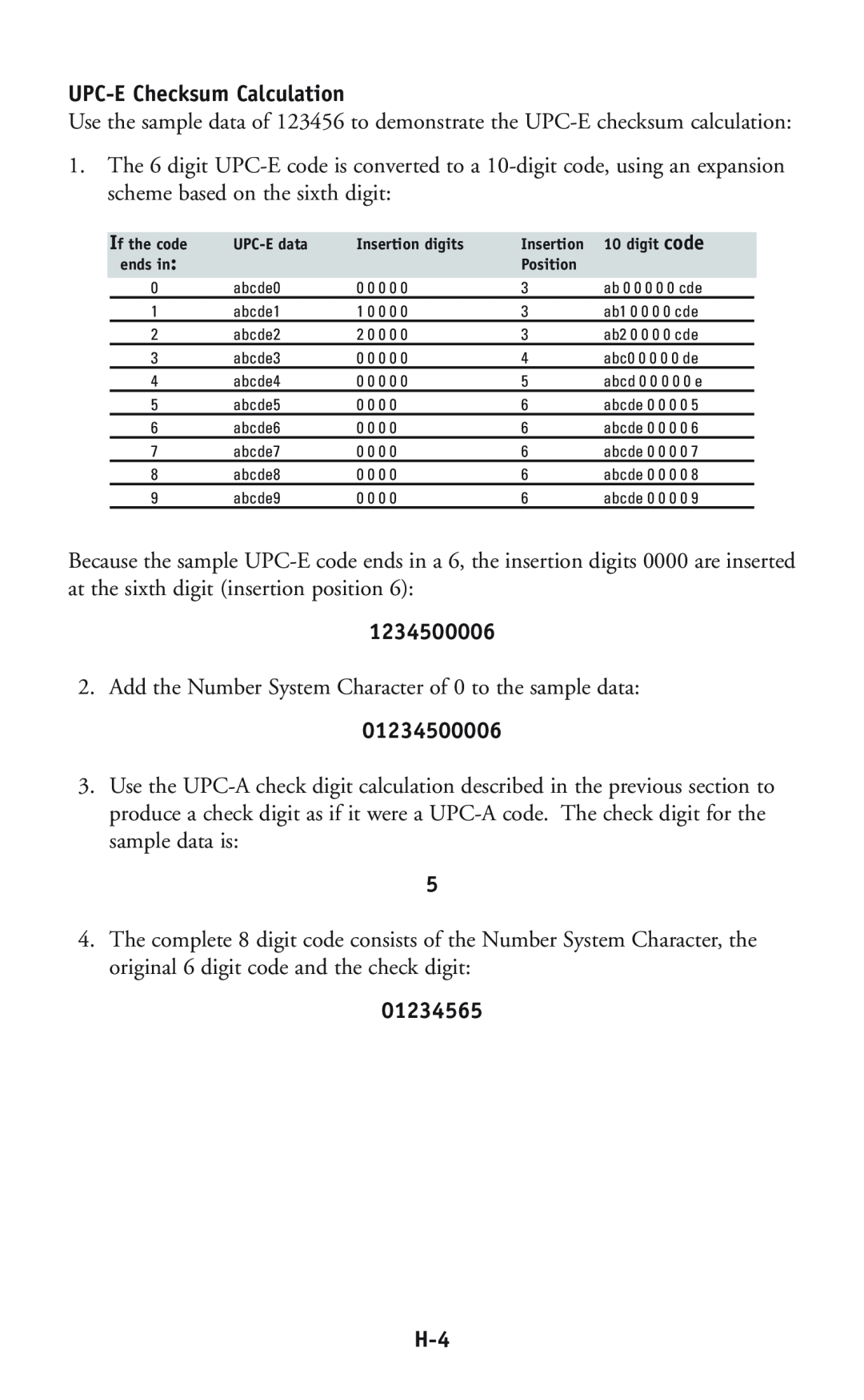 Worth Data P11/12 user manual UPC-E Checksum Calculation, 01234500006, 01234565 