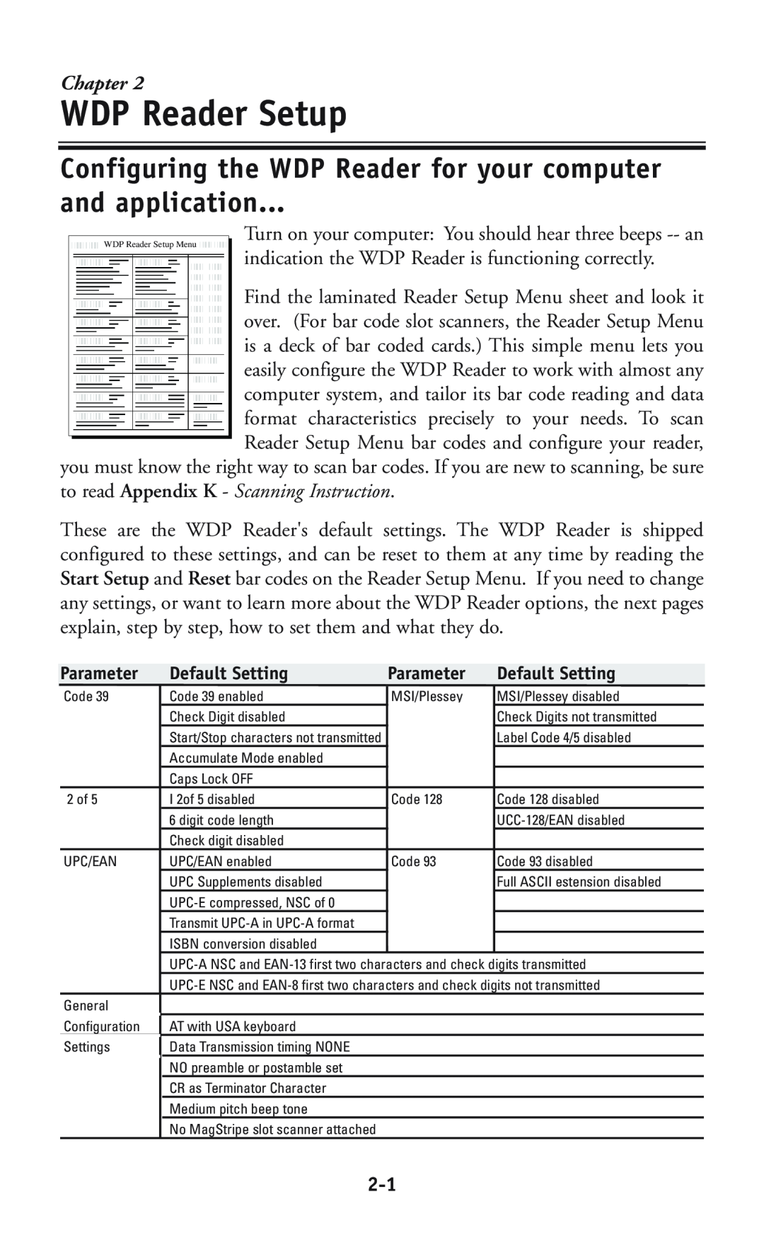 Worth Data P11/12 user manual WDP Reader Setup, Configuring the WDP Reader for your computer and application, Chapter 