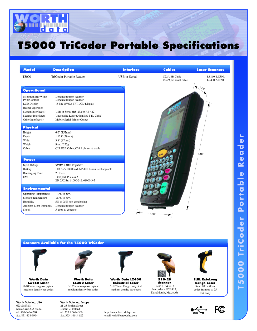Worth Data QC5050, QC5010 specifications T5000 TriCoder Portable Specifications 