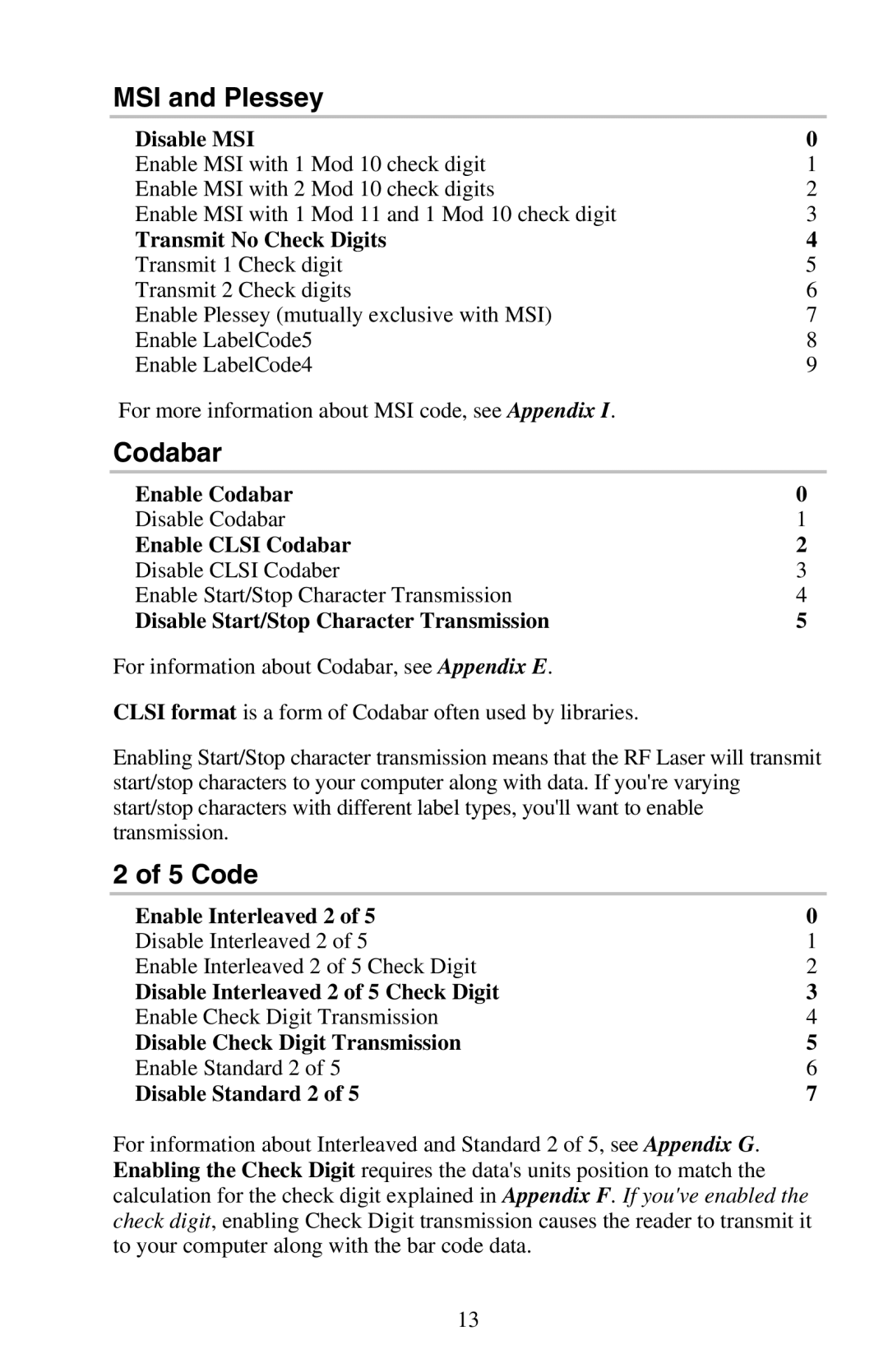 Worth Data RF Laser user manual MSI and Plessey, Codabar, Code, Disable MSI, Transmit No Check Digits 