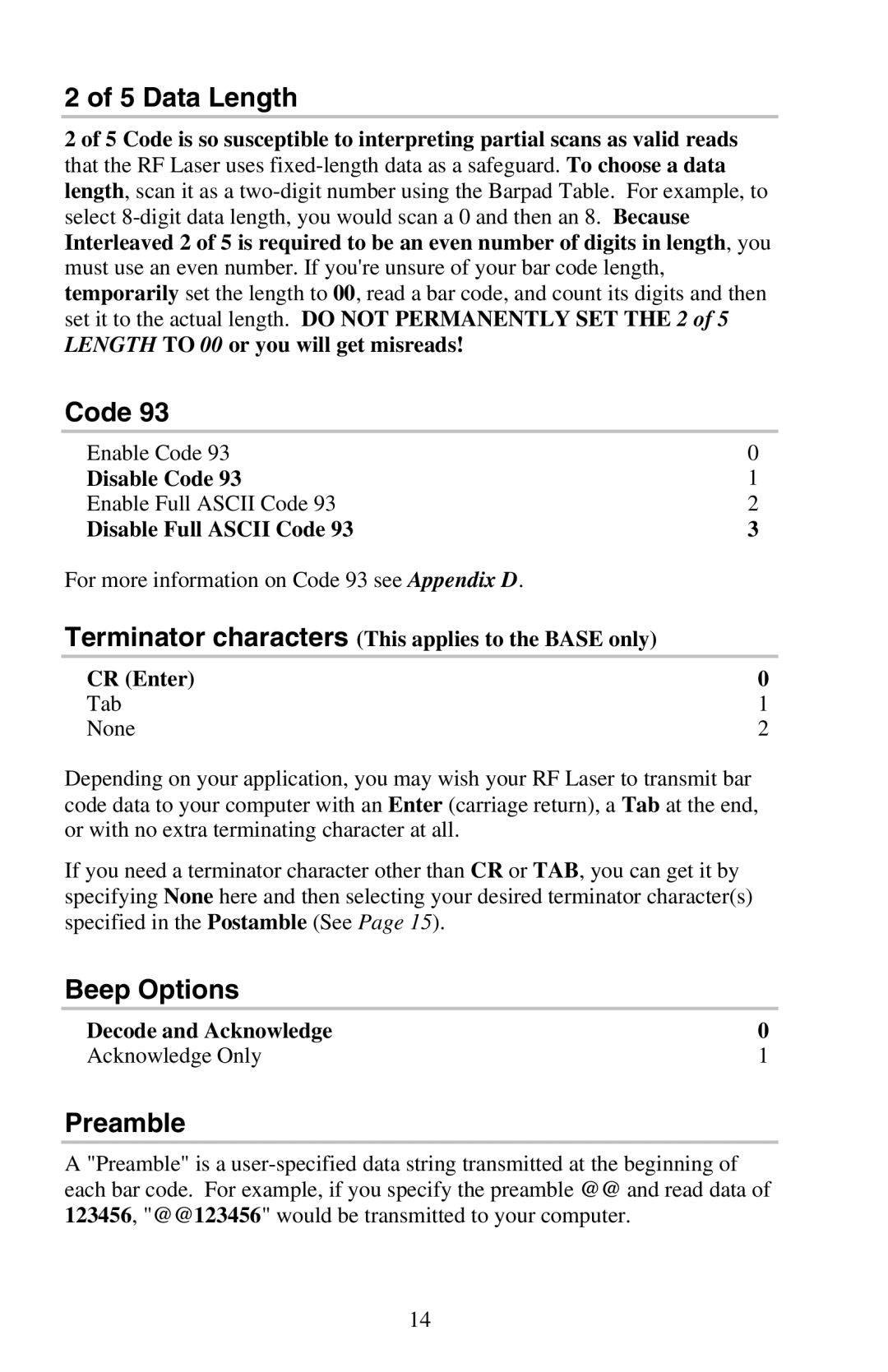 Worth Data RF Laser user manual Data Length, Beep Options, Preamble 