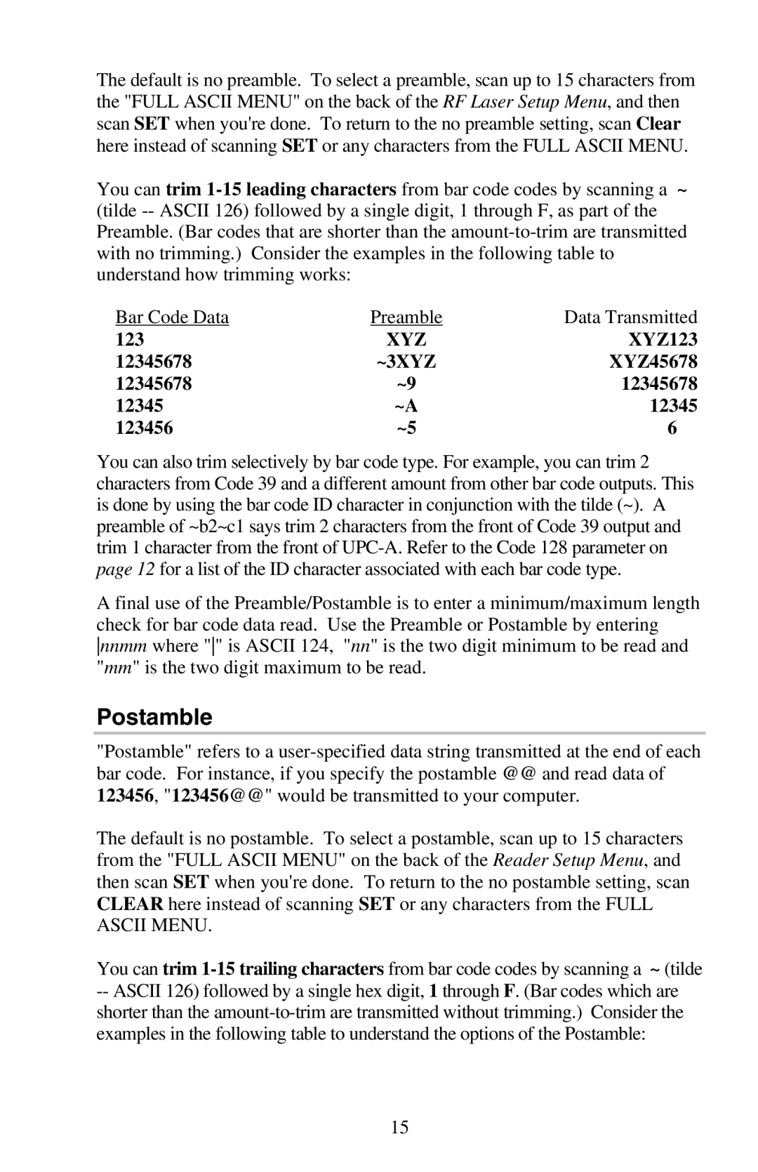 Worth Data RF Laser user manual Postamble, Bar Code Data Preamble Data Transmitted 123, XYZ123, 12345678, XYZ45678 