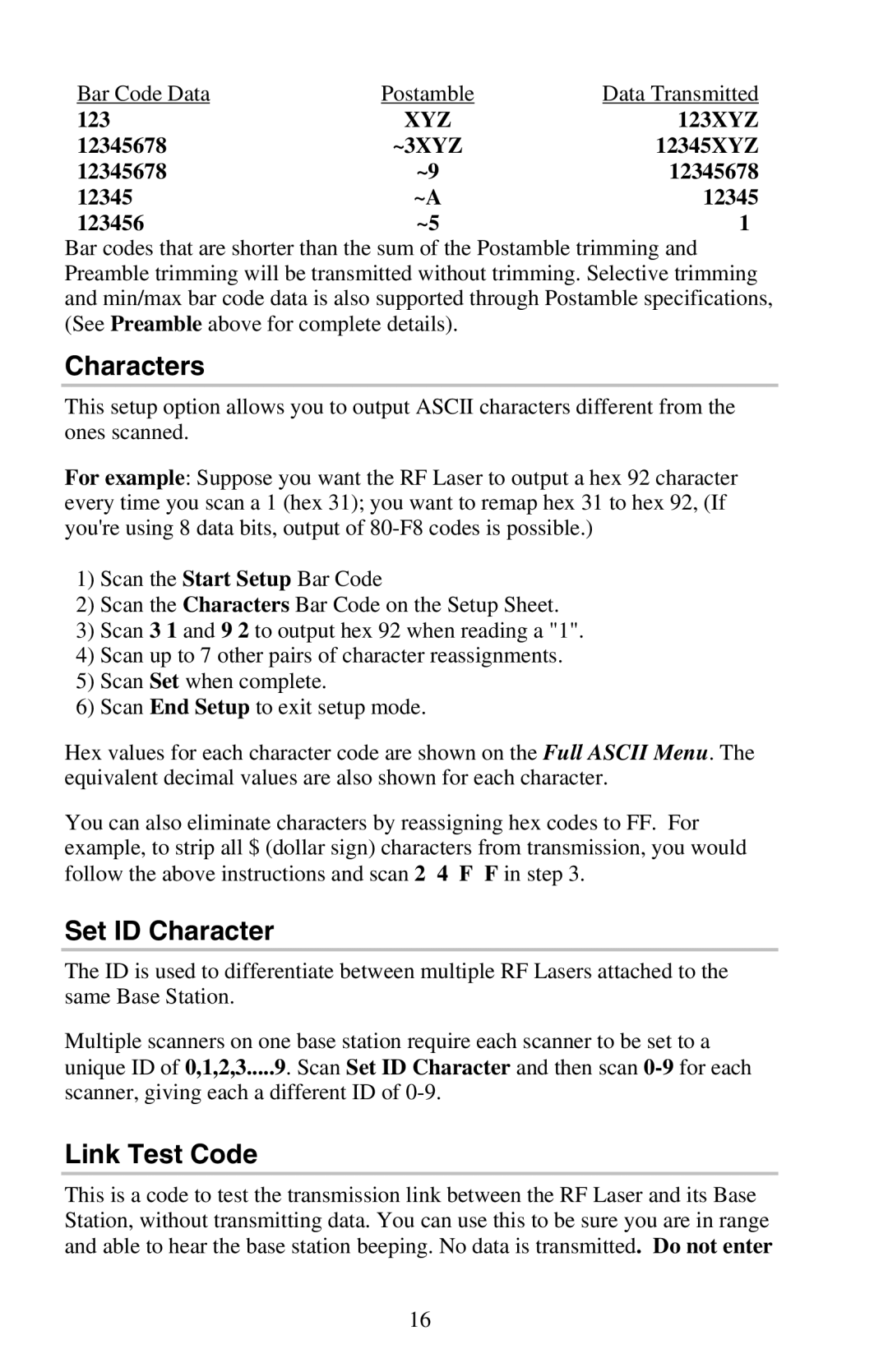 Worth Data RF Laser user manual Characters, Set ID Character, Link Test Code 