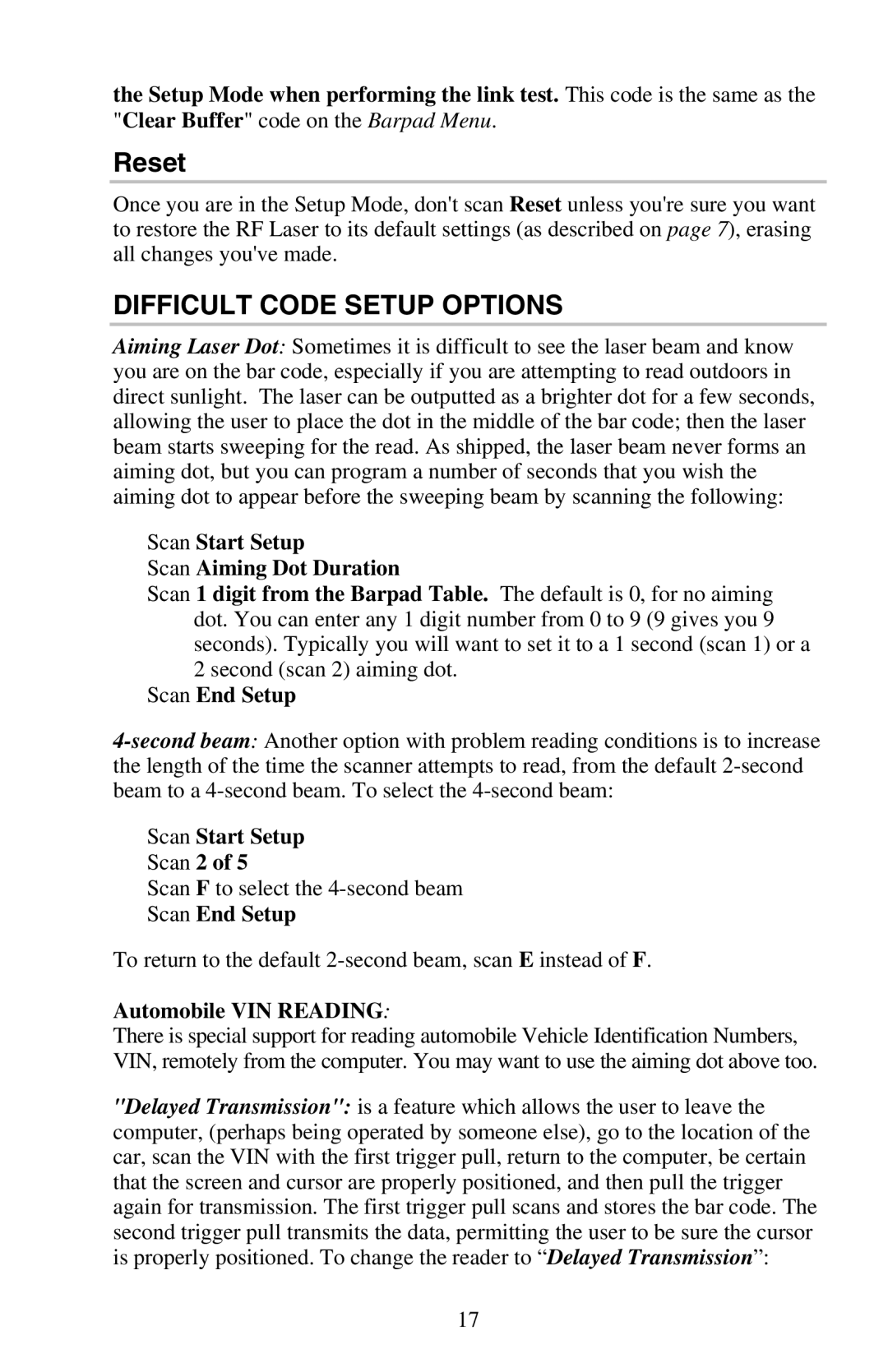 Worth Data RF Laser user manual Reset, Scan Start Setup Scan Aiming Dot Duration, Scan End Setup, Scan Start Setup Scan 2 