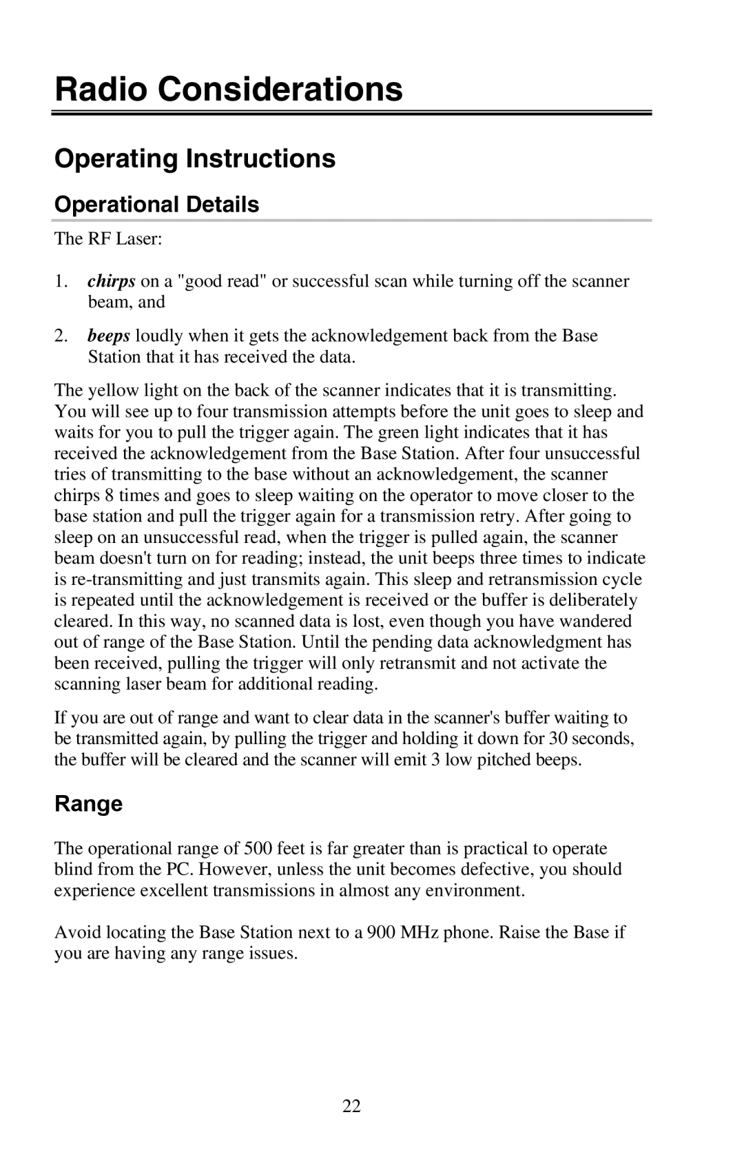 Worth Data RF Laser user manual Radio Considerations, Operational Details, Range 