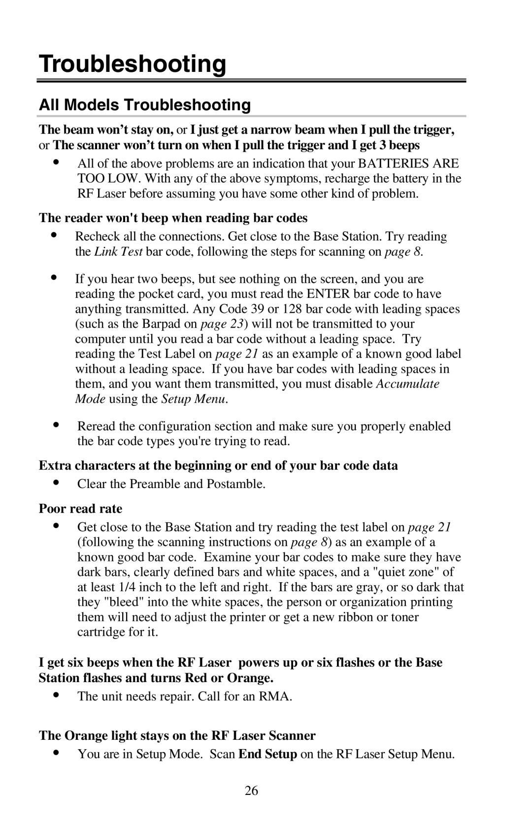 Worth Data RF Laser user manual All Models Troubleshooting, Reader wont beep when reading bar codes, Poor read rate 