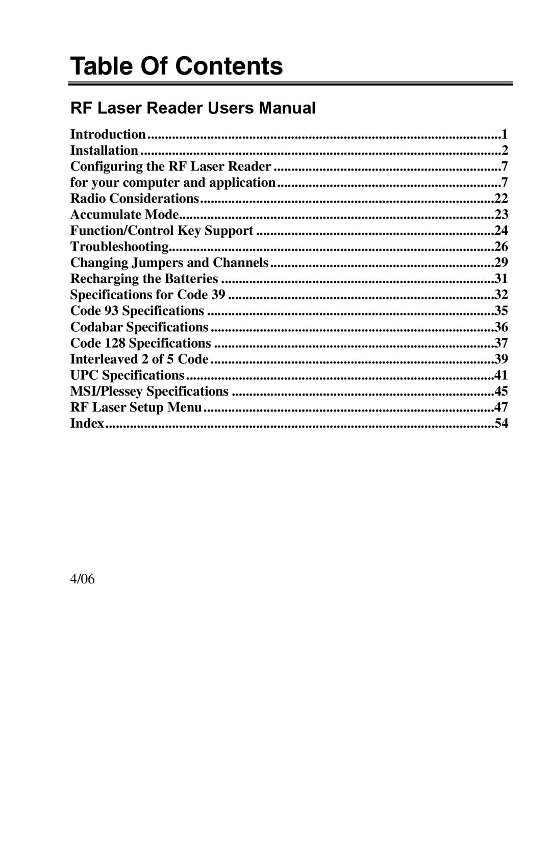 Worth Data RF Laser user manual Table Of Contents 