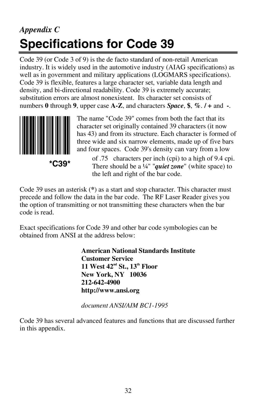 Worth Data RF Laser user manual Specifications for Code, American National Standards Institute Customer Service 