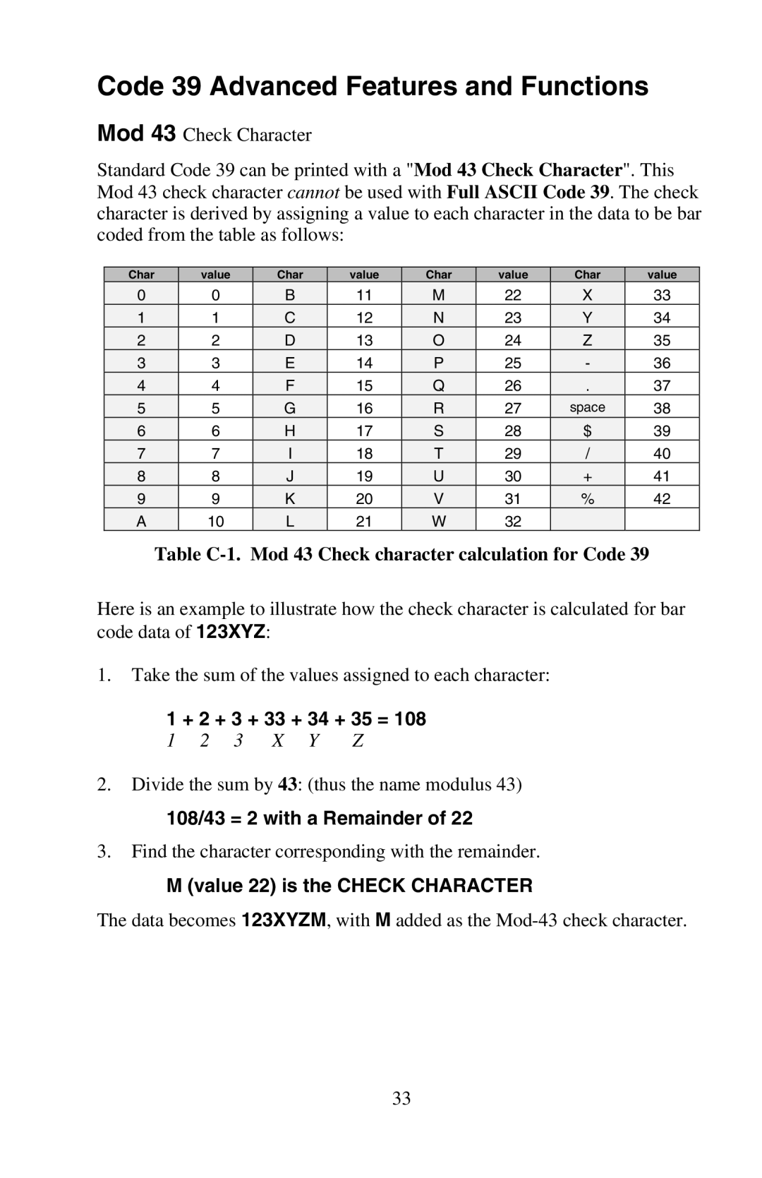 Worth Data RF Laser user manual Table C-1. Mod 43 Check character calculation for Code, + 2 + 3 + 33 + 34 + 35 = 