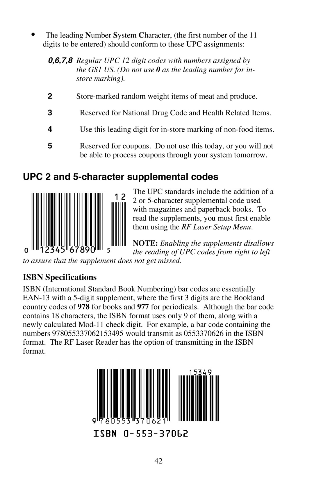 Worth Data RF Laser user manual UPC 2 and 5-character supplemental codes, Isbn Specifications 