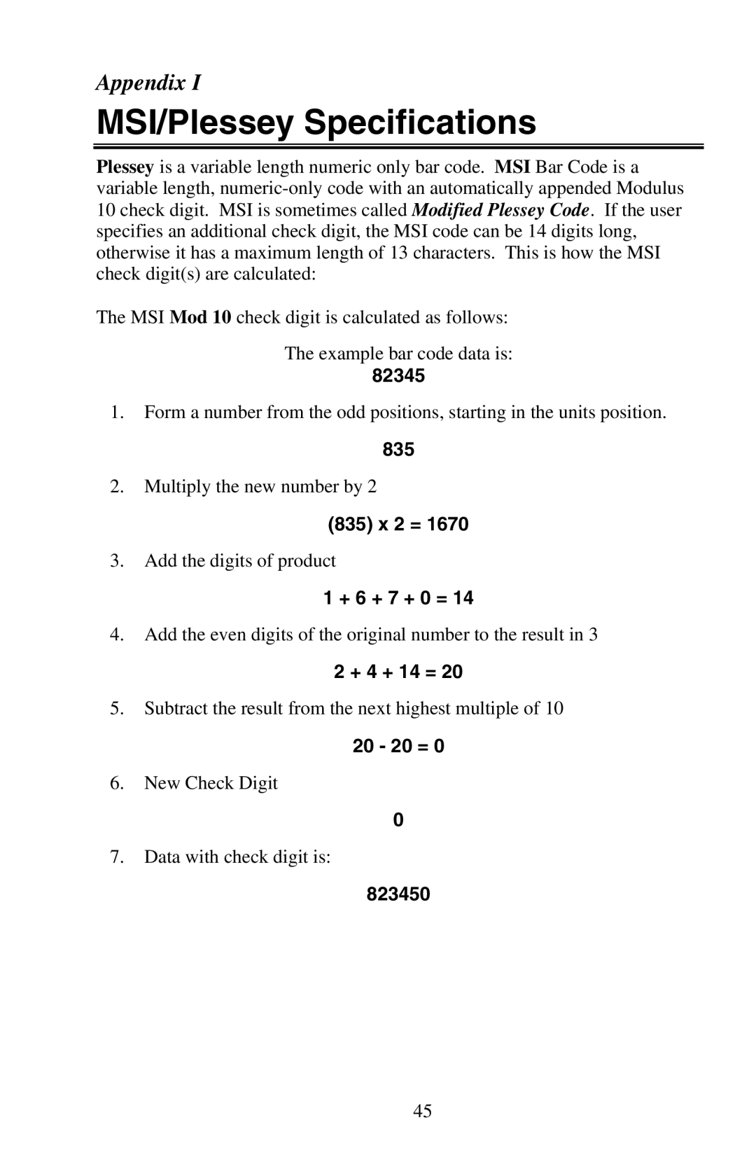 Worth Data RF Laser user manual MSI/Plessey Specifications 