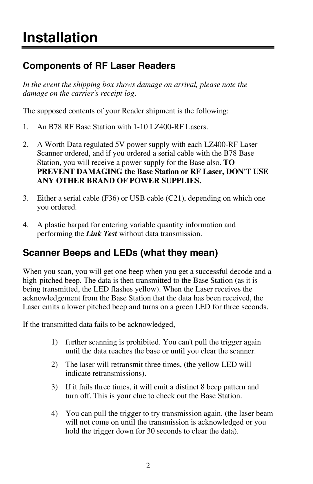 Worth Data user manual Installation, Components of RF Laser Readers, Scanner Beeps and LEDs what they mean 