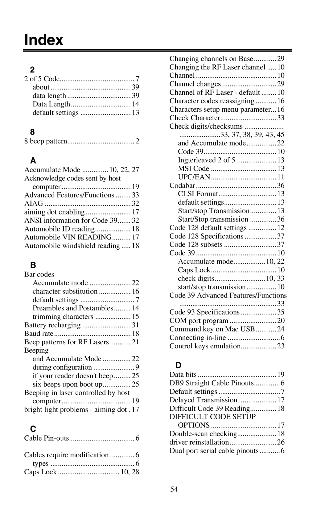 Worth Data RF Laser user manual Index, 33, 37, 38, 39, 43 