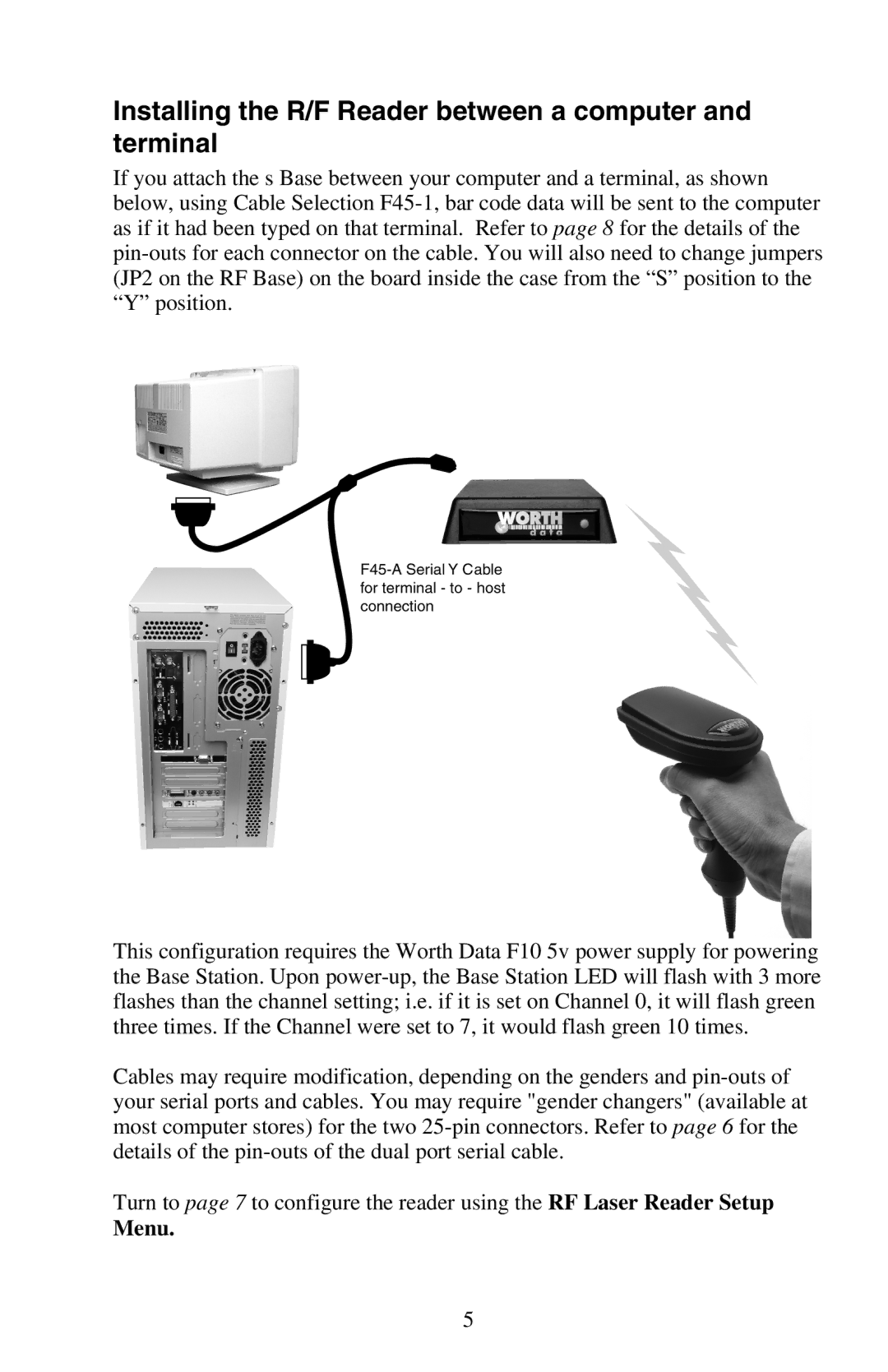 Worth Data RF Laser user manual Installing the R/F Reader between a computer and terminal, Menu 