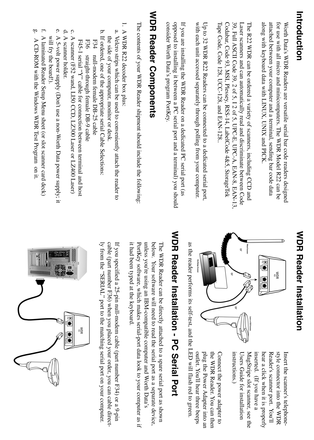 Worth Data RS-232 quick start Introduction, WDR Reader Components, WDR Reader Installation PC Serial Port 