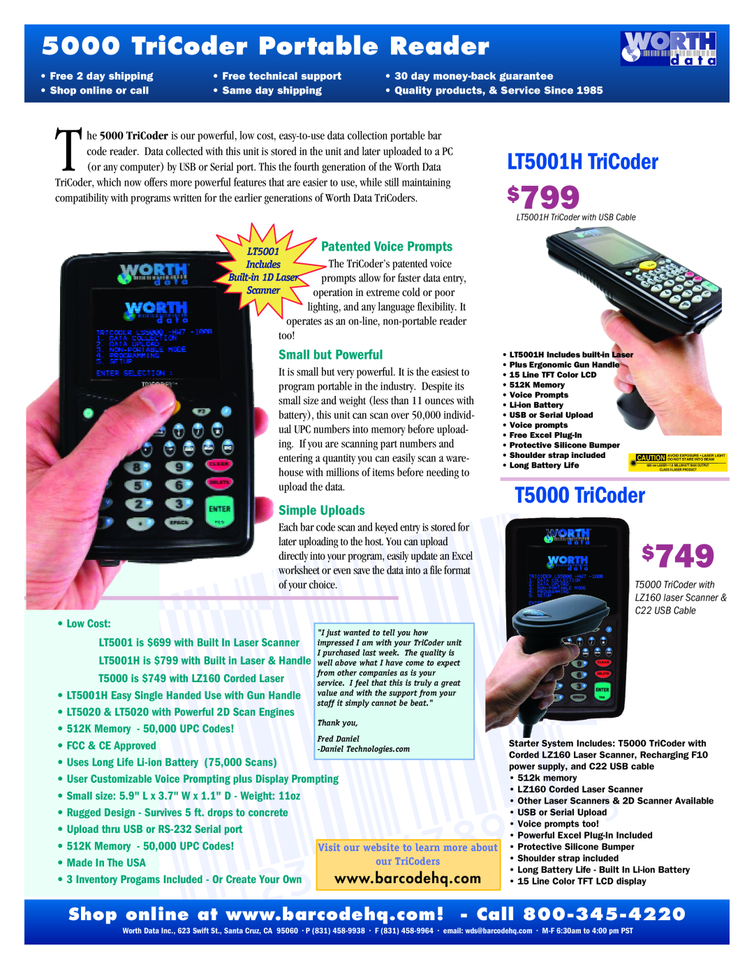 Worth Data manual $799, $749, TriCoder Portable Reader, LT5001H TriCoder, T5000 TriCoder, Low Cost, FCC & CE Approved 