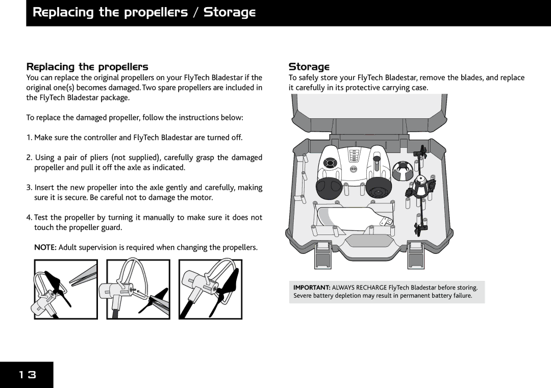 Wow Wee 4055 user manual Replacing the propellers / Storage, Replacing the propellers Storage 