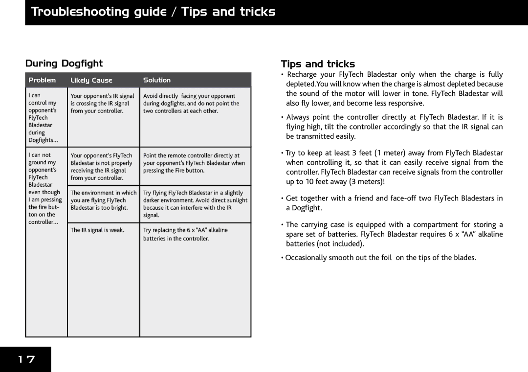 Wow Wee 4055 user manual Troubleshooting guide / Tips and tricks, During Dogﬁght 