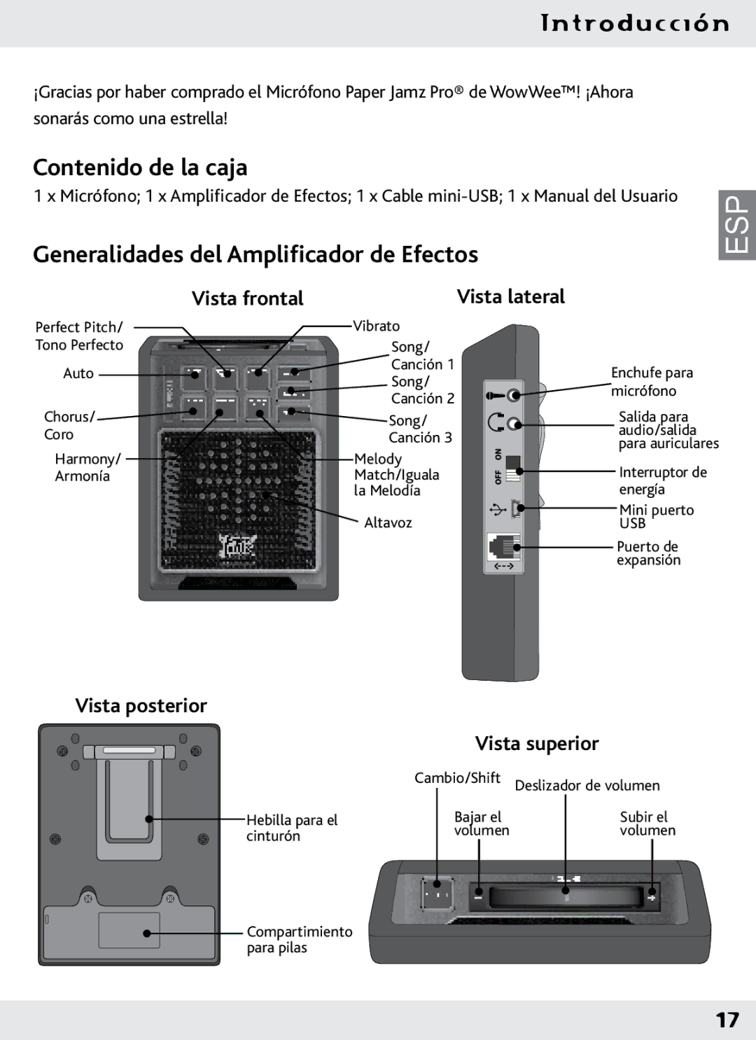 Wow Wee 62473 user manual Contenido de la caja, Generalidades del Amplificador de Efectos, Vista frontal 