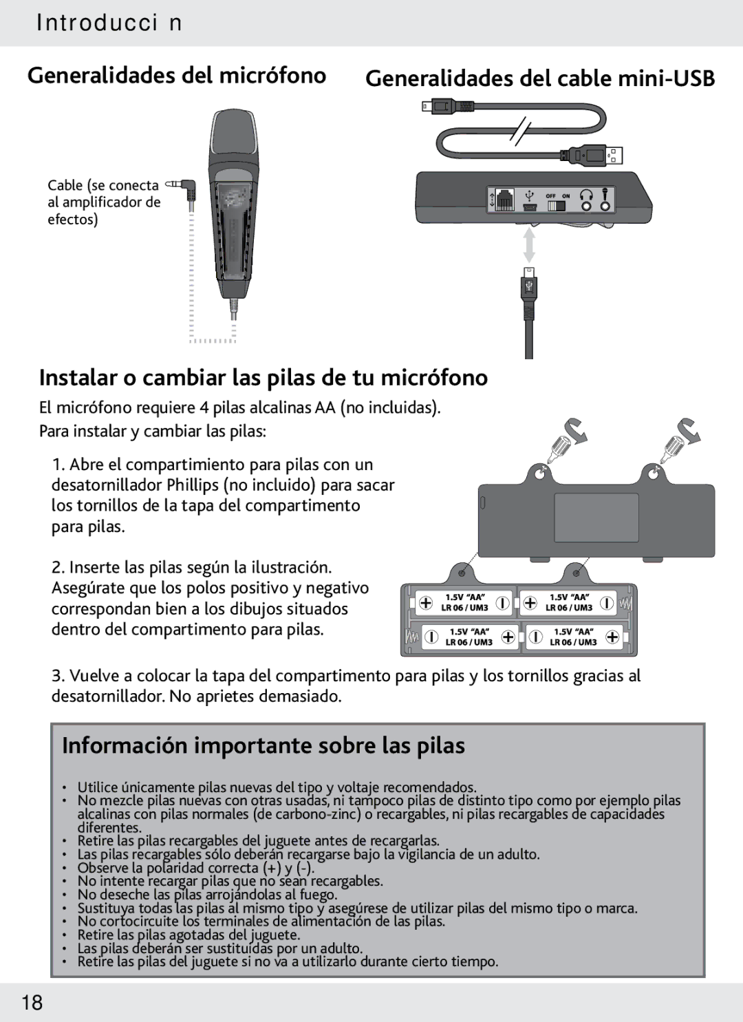 Wow Wee 62473 user manual Instalar o cambiar las pilas de tu micrófono, Información importante sobre las pilas 