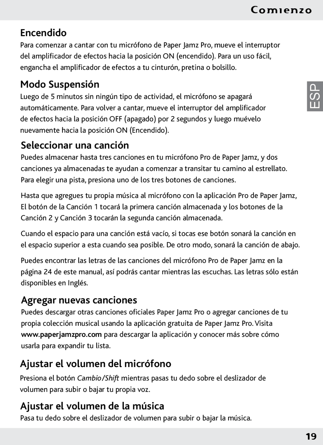 Wow Wee 62473 user manual Encendido, Modo Suspensión, Seleccionar una canción, Ajustar el volumen de la música 