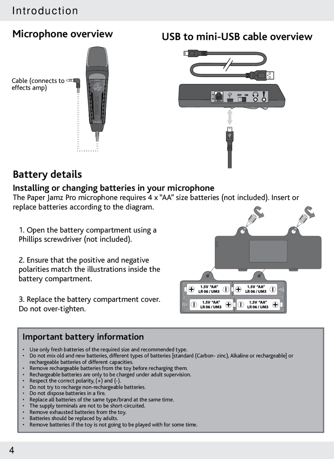 Wow Wee 62473 Microphone overview, Battery details, USB to mini-USB cable overview, Important battery information 