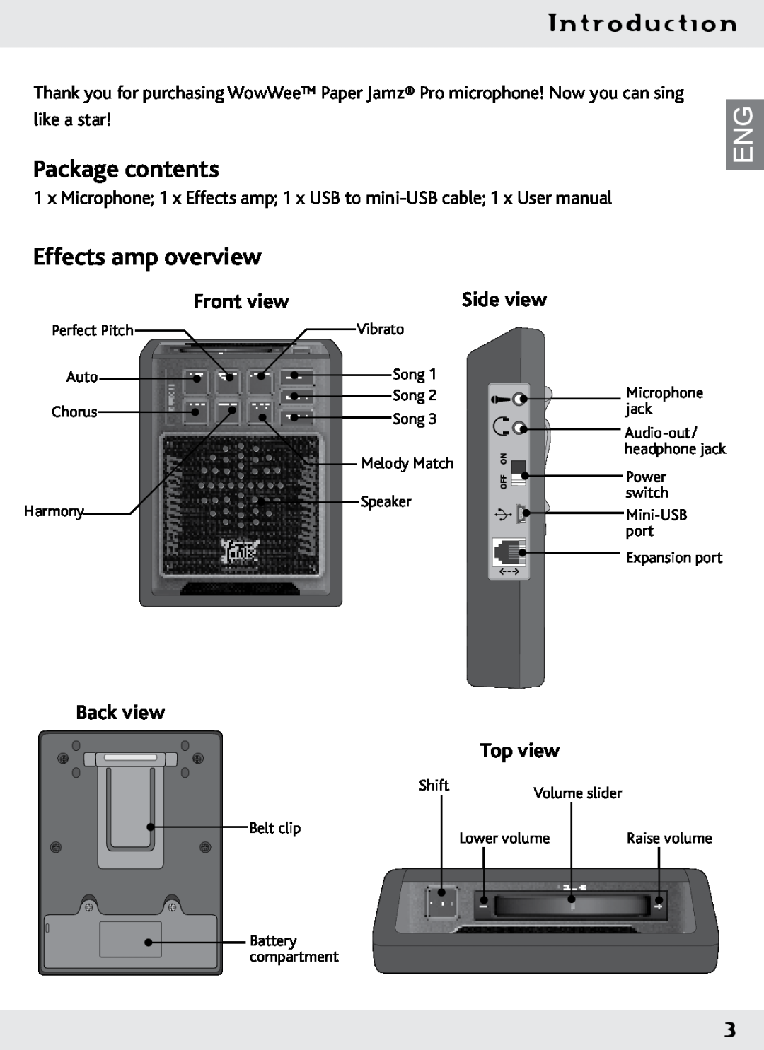 Wow Wee 62473 user manual Package contents, Effects amp overview, Introduction, Front view, Side view, Back view Top view 