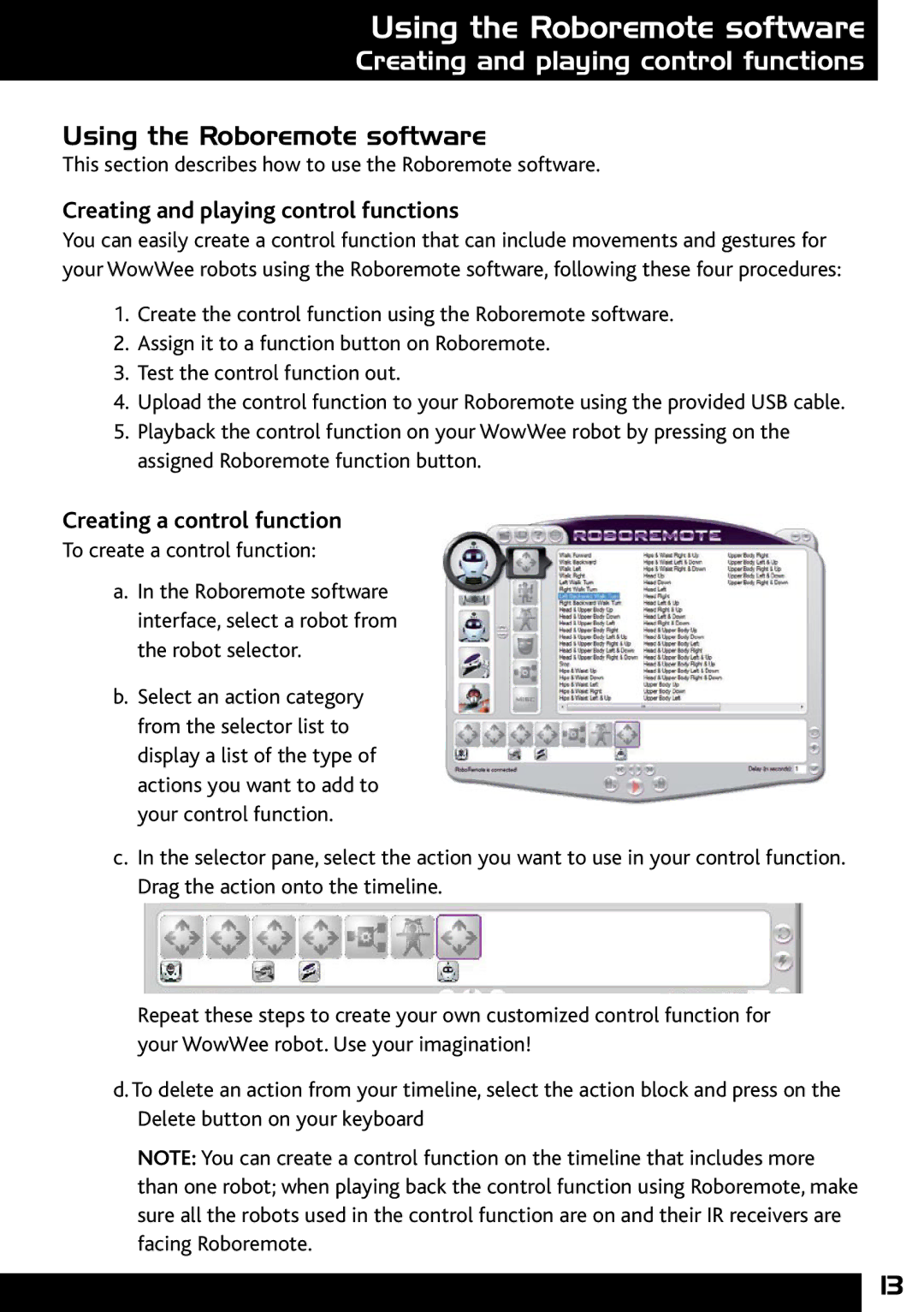 Wow Wee 8000 user manual Using the Roboremote software, Creating and playing control functions, Creating a control function 