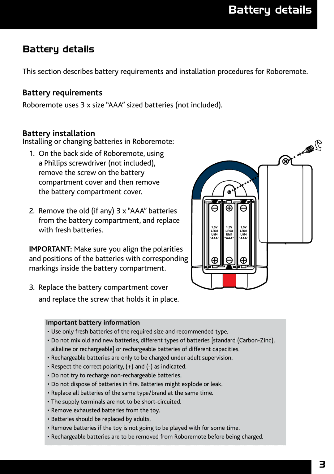 Wow Wee 8000 user manual Battery details, Battery requirements, Battery installation 