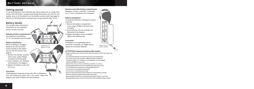 Wow Wee 8032 user manual Battery Details, Getting started, Battery details 