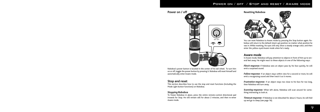 Wow Wee 8032 Power on / OFF / Stop and Reset / Aware Mode, Power on / off, Stop and reset, Aware mode, Stopping Roboboa 