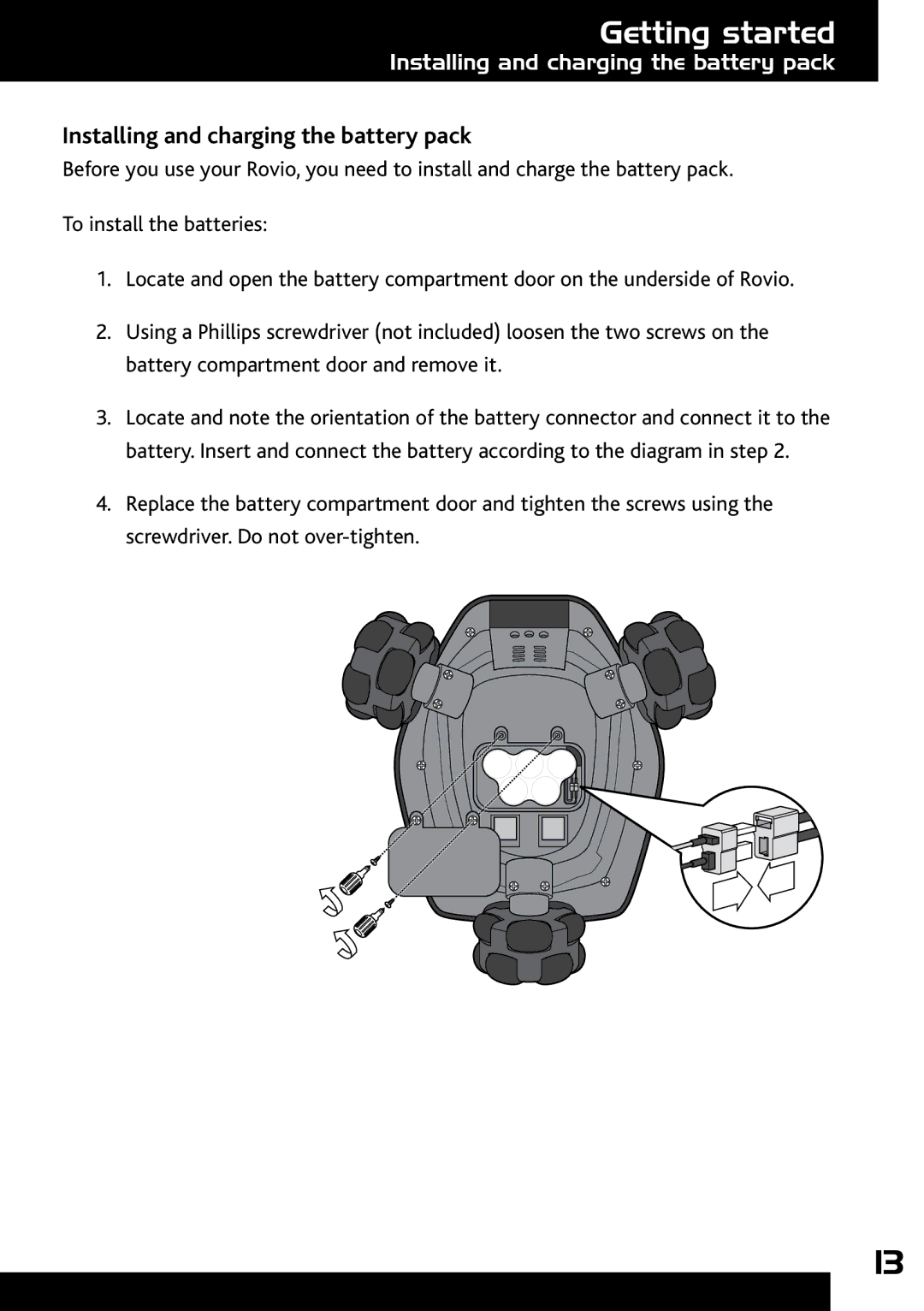 Wow Wee 8033 user manual Installing and charging the battery pack 