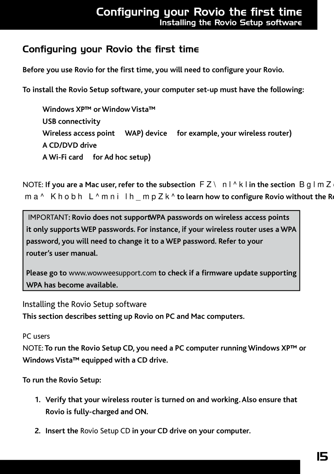 Wow Wee 8033 user manual Configuring your Rovio the first time, Installing the Rovio Setup software, PC users 