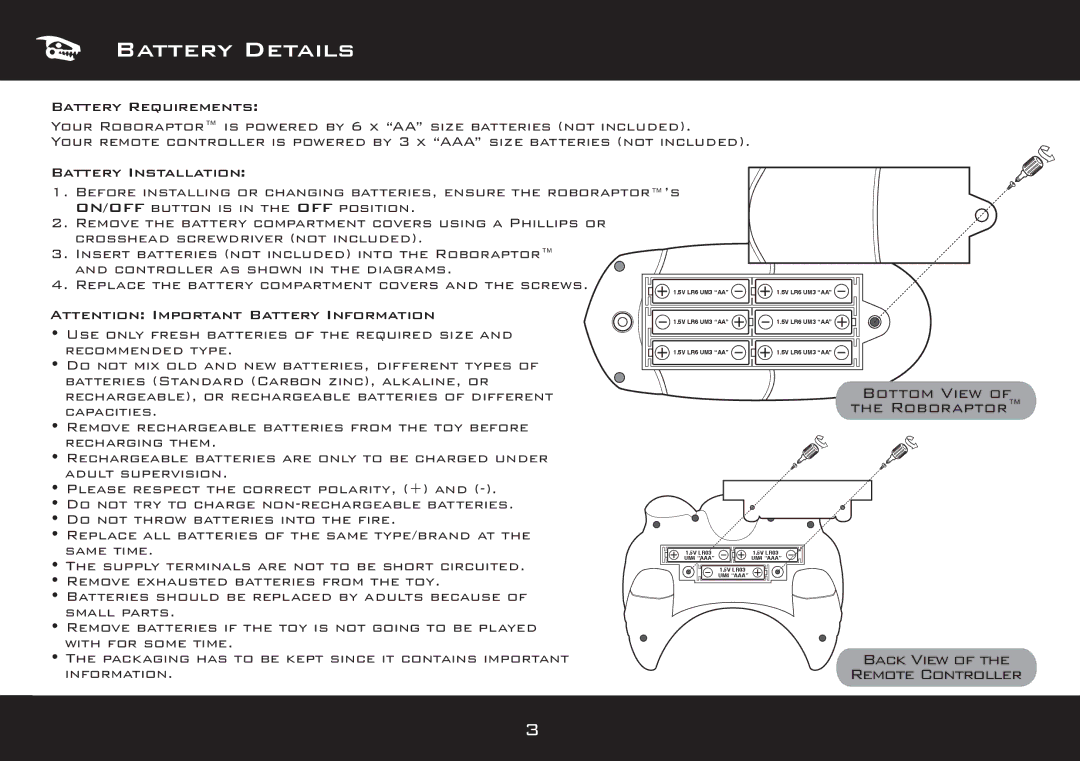 Wow Wee 8095 user manual Battery Details, Bottom View Roboraptor, Back View Remote Controller, Battery Requirements 