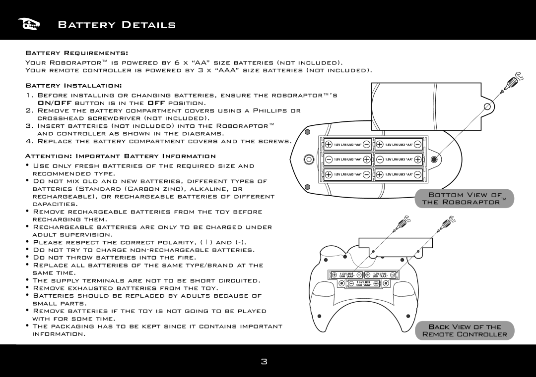 Wow Wee 8095 user manual Battery Details, Bottom View Of The Roboraptor, Back View Of The Remote Controller 