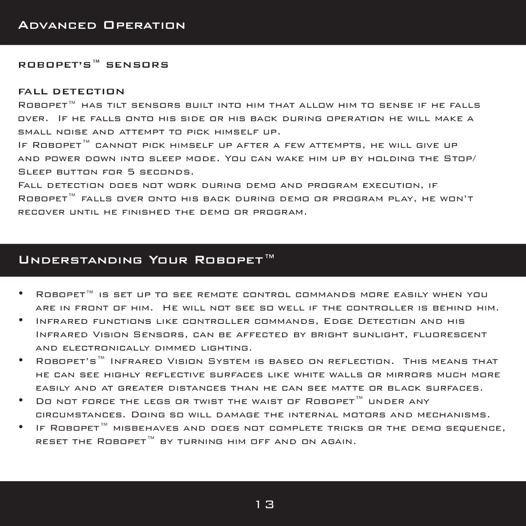 Wow Wee 8096 user manual Understanding Your Robopet, ROBOPET’S Sensors Fall Detection 