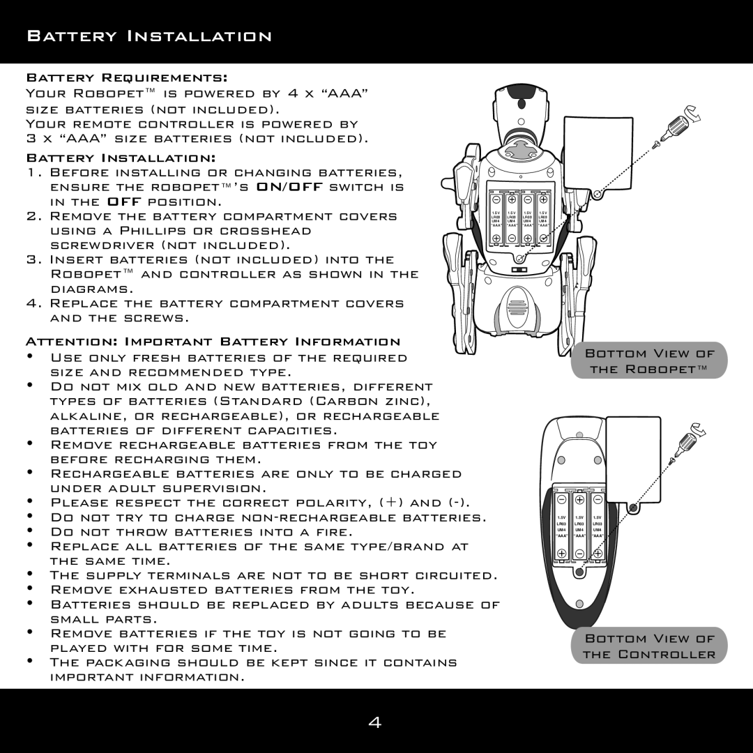 Wow Wee 8096 user manual Battery Installation, Bottom View of the Robopet 