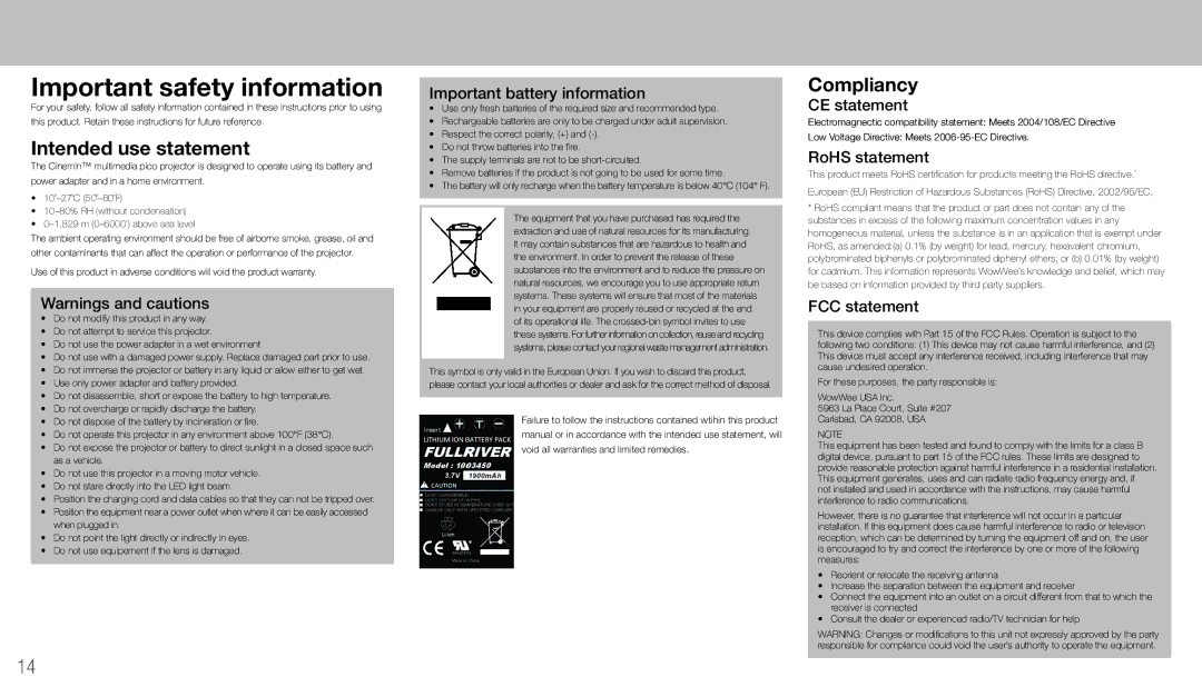 Wow Wee 8410 quick start Important safety information, Intended use statement, Compliancy 