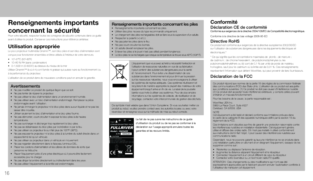 Wow Wee 8410 quick start Renseignements importants concernant la sécurité, Utilisation appropriée, Conformité 