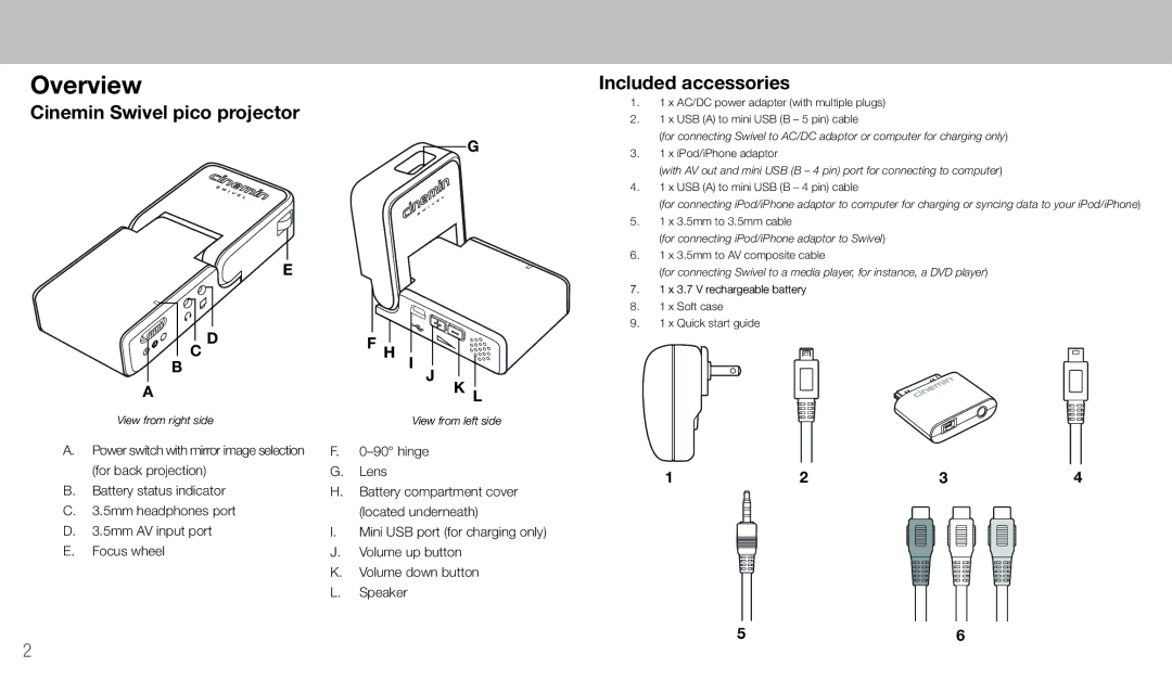 Wow Wee 8410 quick start Overview, Cinemin Swivel pico projector, Included accessories 