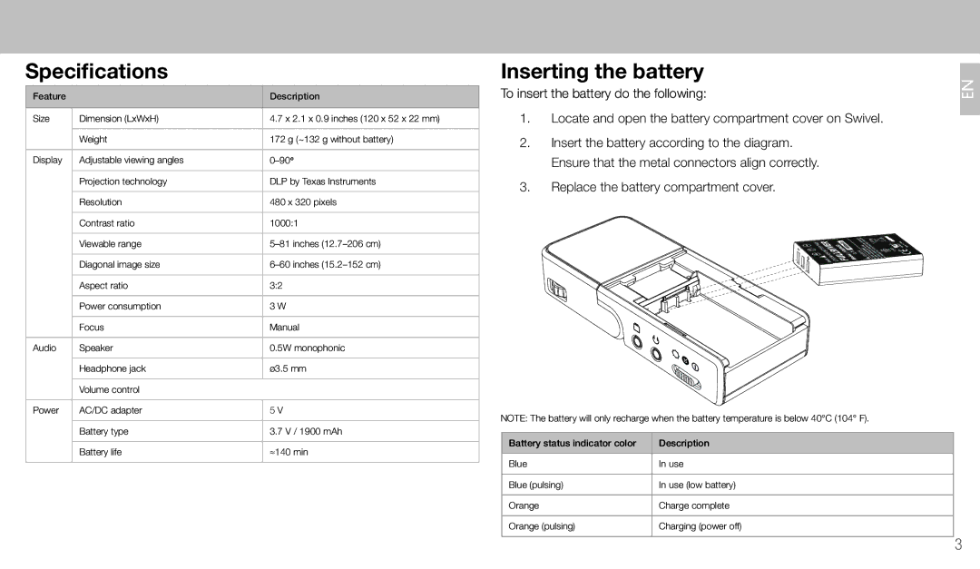 Wow Wee 8410 quick start Specifications, Inserting the battery, Replace the battery compartment cover 