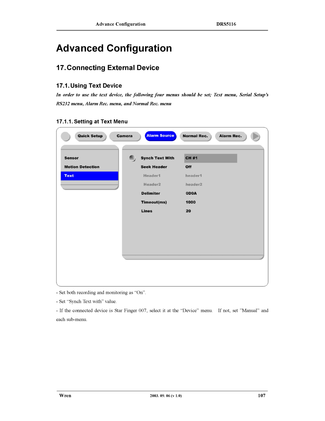 Wren Associates DRS5008 Connecting External Device, Using Text Device, Setting at Text Menu, Advance Configuration DRS5116 