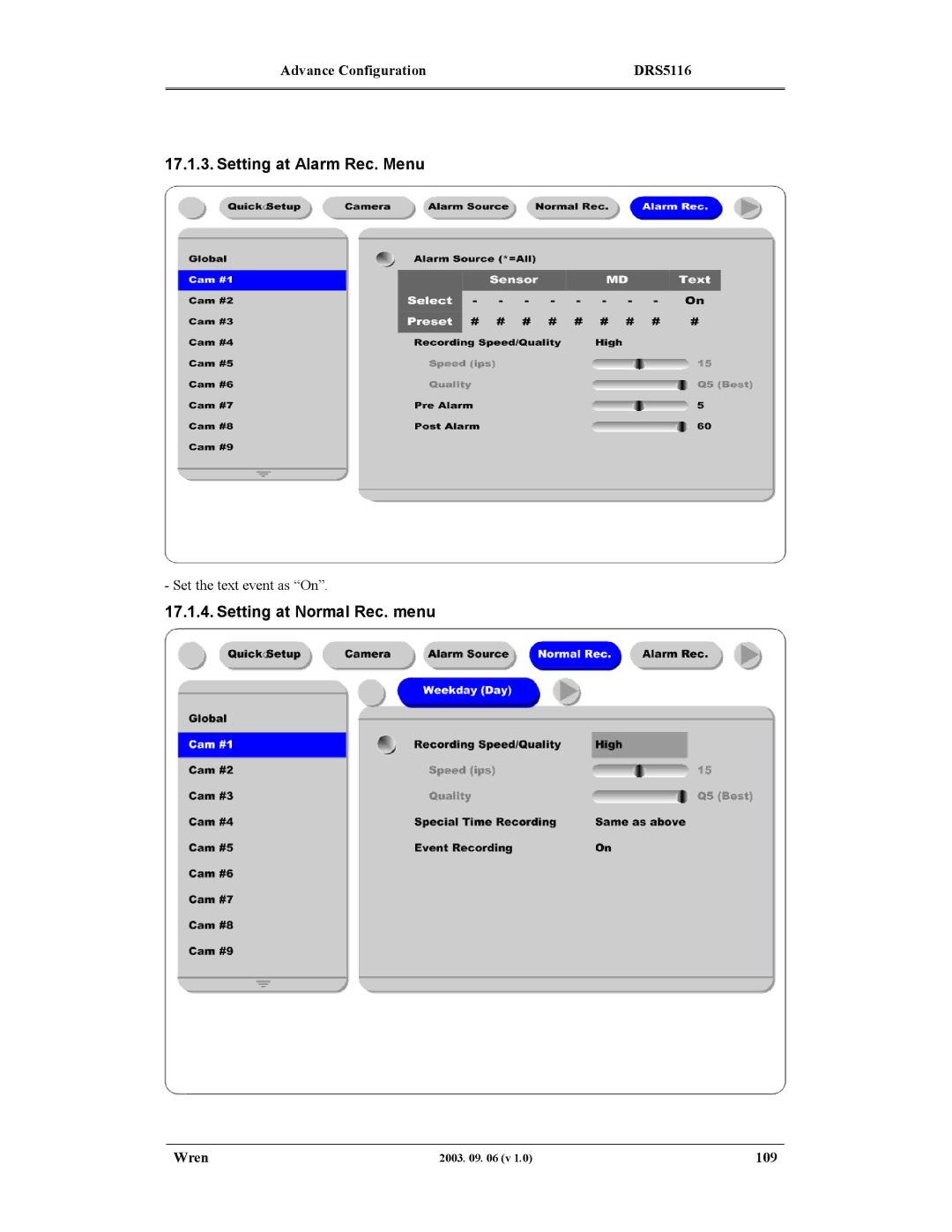 Wren Associates DRS5116, DRS5004, DRS5016, DRS5008 manual Setting at Alarm Rec. Menu, Setting at Normal Rec. menu, 109 