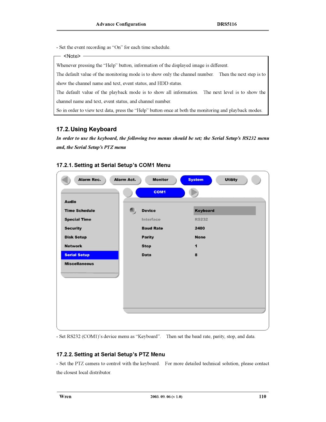 Wren Associates DRS5016 manual Using Keyboard, Setting at Serial Setup’s COM1 Menu, Setting at Serial Setup’s PTZ Menu, 110 