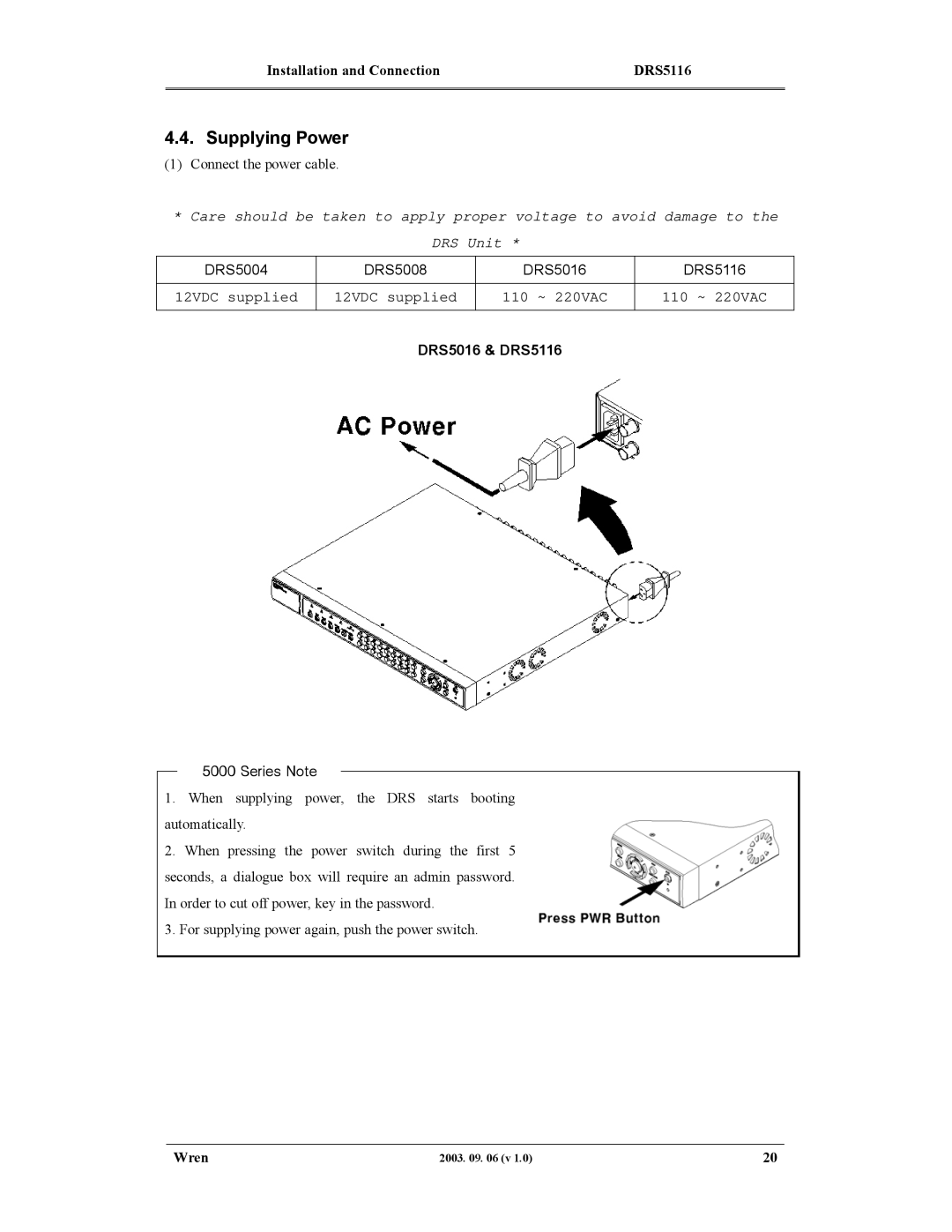 Wren Associates DRS5004, DRS5116, DRS5016, DRS5008 manual Supplying Power, Connect the power cable 